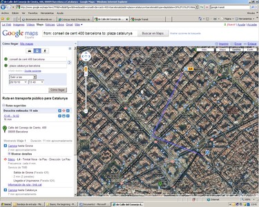 Imagen de pantalla de Google Transit con la mejor ruta entre Consell de Cent y plaza de Catalunya. 